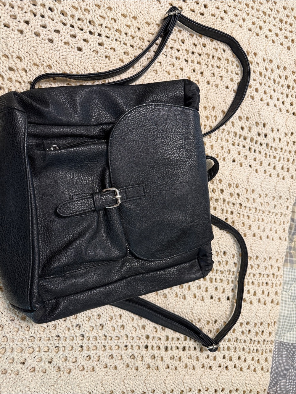 Classic Black Faux Leather Backpack with Front Flap